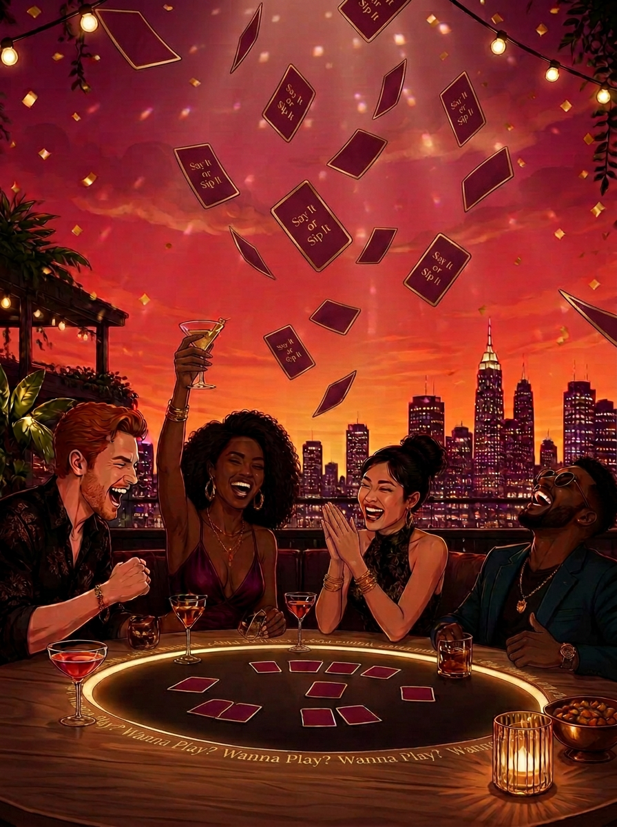 Rooftop game table at sunset with friends laughing as maroon and gold Say It or Sip It cards cascade from the sky