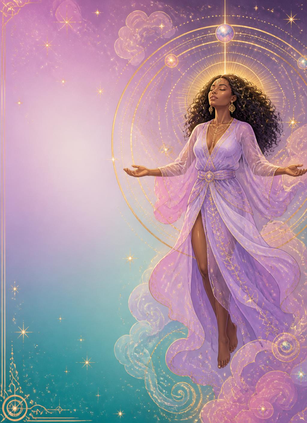 Floating robed seer inside glowing gold orbit rings on a purple-to-teal cosmic wash